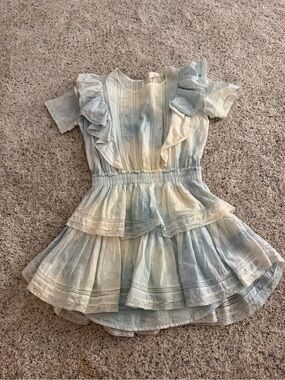 LoveShackFancy Pastel Blue and Cream Ruffle Tiered Mini Dress
